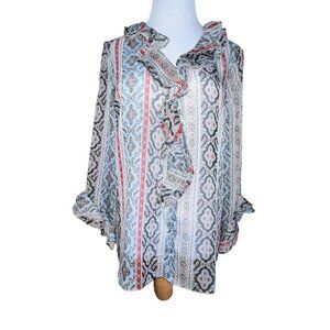 Zara‎ Women Sheer Ruffle Neck Blouse Bell Sleeves Boho Size Large Tan Artsy Top